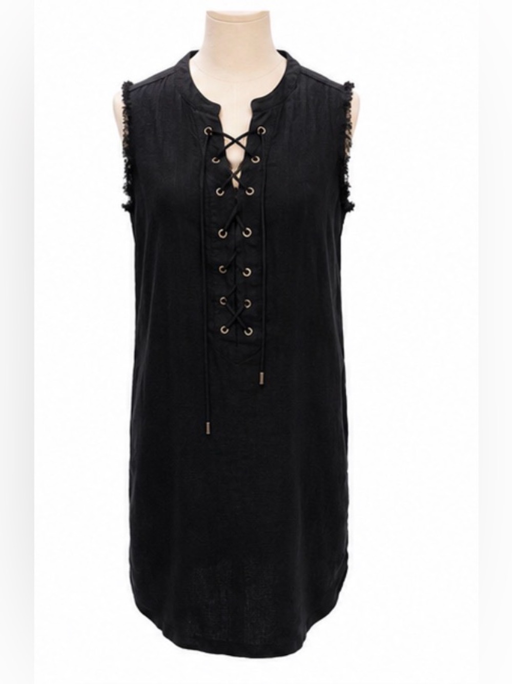 Trina Turk Medium Black Linen-Blend Lace-Up Shift Dress